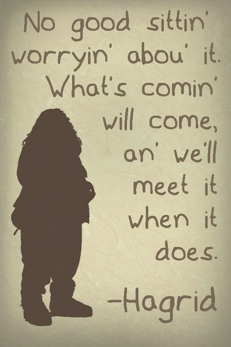 Inspirational Hagrid quote about worrying from Harry Potter and the Goblet of Fire. "What’s coming will come, and we’ll meet it when it does." Harry Potter Affirmations, What's Coming Will Come Hagrid, Happy New Year Harry Potter, Quotes From Harry Potter Inspirational, Hagrid Tattoo Ideas, Harry Potter Quotes Inspirational Life, Best Quotes From Harry Potter, Hagrid Quotes Harry Potter, Hagrid Tattoo Harry Potter