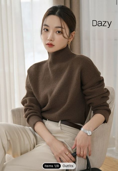 Turtle Neck Brown Outfit, Highnecksweater Outfits Women, Brown V Neck Sweater Outfit, Turtle Neck Outfits For Women, Coffee Brown Outfit, Brown Pullover Outfit, Brown Crewneck Outfit, Turtle Neck Outfit Women Casual, Brown Casual Outfit