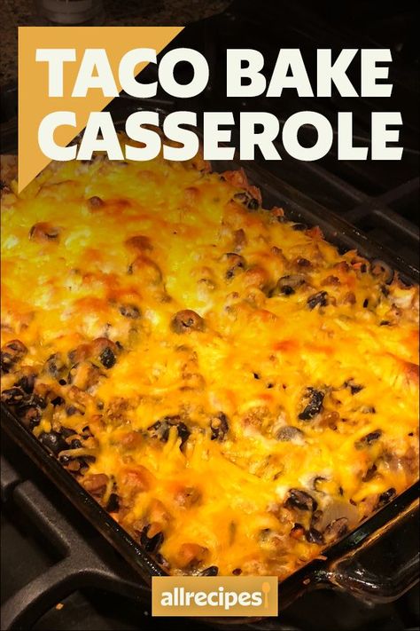 Taco Bake Casserole | "This was really good. I used taco seasoning & enchilada red sauce." #dinnerideas #dinnerrecipes #familydinnerideas #casserole #casserolerecipes #hotdish Baked Taco Casserole Beef, Soft Taco Bake Casserole, Creamy Taco Casserole, Taco Bake With Rice, Freezer Taco Casserole, Easy Taco Casserole Bake, Mexican Bake Casserole, Taco Casserole Bake With Tortillas, Taco Bake Recipes