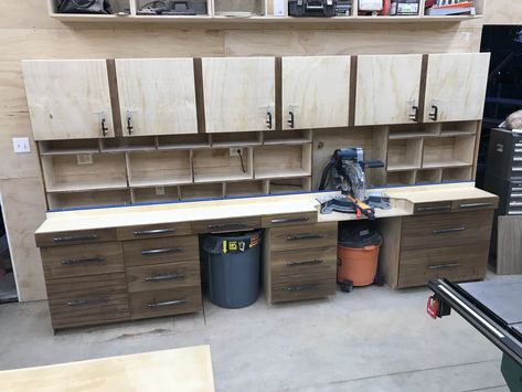 How to build the Extreme Miter Station,    This is an easy to build fully modular system! I show you how to build base cabinets, which can be done in 2' or 3' widths. And upper cabinets in 2' or 3' sections. So this project is scalable to any size! Mine is 13' wide, but you could easily build it anywhere from 3' - 20' wide or more. Simply by adding or subtracting components.  You also can just as easily make the base with drawers as I did or with shelving & cabinet doors, like I did the uppers. Miter Station, Shelving Cabinet, Mitre Saw Station, Work Benches, Woodworking Shop Plans, Woodworking Patterns, Woodworking For Kids, Woodworking Table, Woodworking Workshop