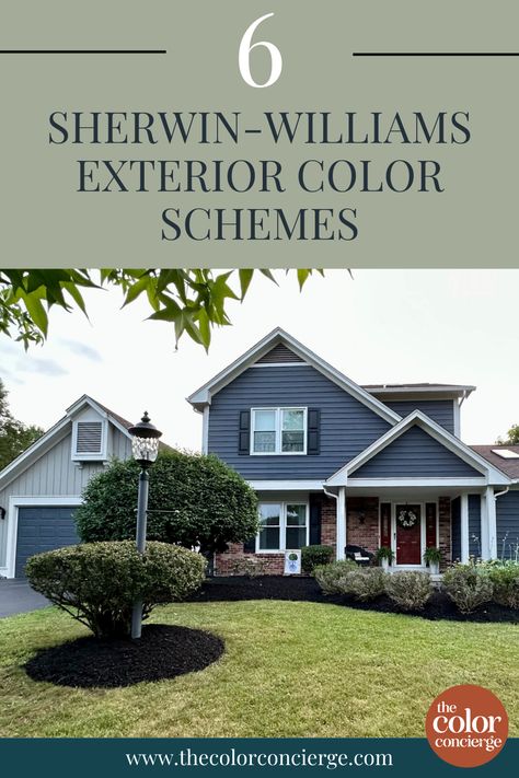 Explore 6 of our favorite Sherwin-Williams exterior color schemes and learn more about the color consultation process. @thecolorconcierge [fall house exterior, exterior color schemes, before and after home, exterior paint schemes, exterior paint color palettes, sherwin williams paint palette, sherwin-williams paint colors, paint color trends, interior designer, interior design tips] Sherwin Williams Exterior House Colors, Exterior Paint Sherwin Williams, Exterior Paint Color Schemes, Farmhouse Exterior Colors, Exterior Paint Color Combinations, Color Consultant, Best Exterior House Paint, Outside House Colors, Exterior Gray Paint