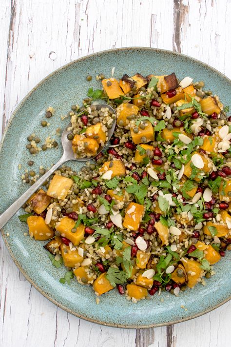 Roasted Butternut Squash Salad with Bulgur Wheat and Lentil [vegan] | Bulgur Wheat Salad, Vegan Roasted Butternut Squash, Bulgar Wheat Salad, Bulgur Wheat Recipes, Lentil Vegan, Roasted Butternut Squash Salad, Wheat Salad, Lentils Vegan, Lentil Salad Recipes