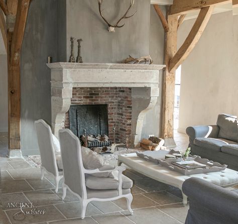 Modern French Limestone Fireplace Stone Cast Fireplace Surround, European Stone Fireplace, Cosy Cottage Interior, Luxury Homesteading, Fireplace Herringbone, Modern Farmhouse Fireplace Mantel, Farmhouse Fireplace Mantel Decor, Fireplace Rock, Fireplace Antique