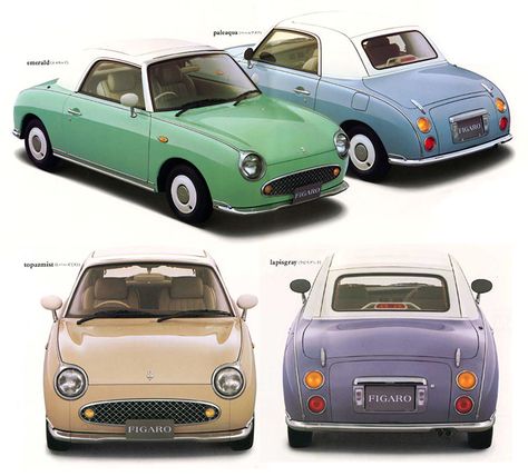 Nissan Figaro 1991 - - -There were four colors, and each was supposed to represent a season. The options included Emerald Green (spring), Pale Aqua (summer), Topaz Mist (fall), and Lapis Grey (winter). Kei Cars, Kawaii Car, Nissan Figaro, Tokyo Motor Show, 1960s Cars, Kei Car, Miss Moss, Tiny Cars, Motor Cycles