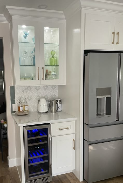 Beverage Fridge Next To Fridge, Wine Built In, Kitchen Remodel Coffee Station, Kitchen Beverage Fridge, Wine Fridge Coffee Bar, Built In Wine Fridge And Coffee Bar, Beverage Cooler In Island, Kitchen Beverage Station Ideas, Beverage Cooler In Kitchen