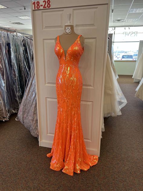 Orange Glitter Prom Dress, Yellow Prom Dress Sparkly, Orange Sparkly Prom Dress, Orange Sequin Prom Dress, Grad Dresses Orange, Prom Dresses 2023 Orange, Orange Prom Dresses Long, Orange Sparkly Dress, Neon Orange Hoco Dress