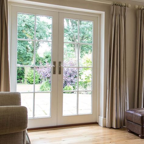 French Style Doors Entrance, French Doors Off Kitchen To Patio, Back Patio Doors With Blinds, Bedroom French Doors Patio, Lounge French Doors, External Patio Doors, French Doors Patio Exterior Wood, Dining Room With French Doors To Patio, White Patio Doors