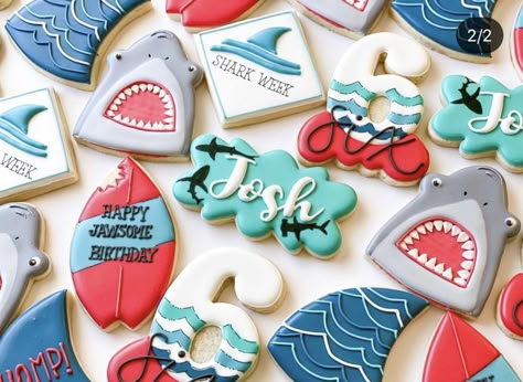 Jaws First Birthday Party, Shark Theme Cookies, Jaws Cookies, Shark Week Cookies, Shark Birthday Cookies, Shark Sugar Cookies, Shark Themed Cakes, Shark Themed Birthday, Birthday Party Cookies