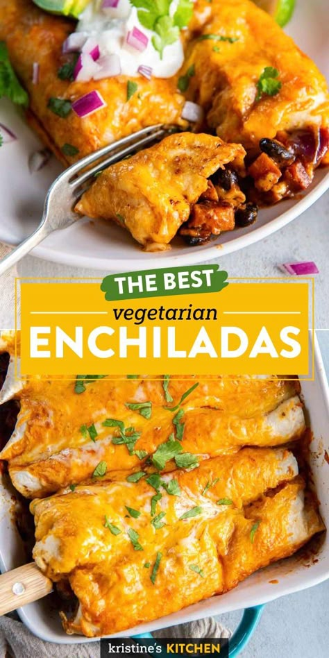 These Vegetarian Enchiladas are the BEST! Easy to make, filled with sweet potatoes, black beans and cheese and baked until hot and bubbly. This healthy veggie enchiladas recipe is perfect for making ahead and feeds a crowd! Easy Vegetarian Dinner Healthy, Easy Delicious Vegetarian Dinners, Meatless Meat Recipes, Healthy Enchiladas Vegetarian, Vegetarian Recipes Family Friendly, Vegetarian Frozen Meals Make Ahead, Vegetarian Enchilada Bake, Enchiladas Dinner Sides, Healthy Dinner Recipes Meatless