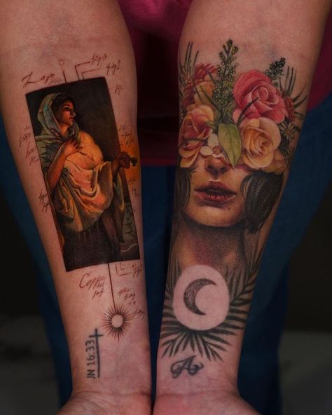 Oil Painting Tattoo, Nouveau Tattoo, Florence Nightingale, Tatuaje A Color, Painting Tattoo, Tattoo Portfolio, Tattoo Work, Nature Tattoos, Tattoo Sleeve Men