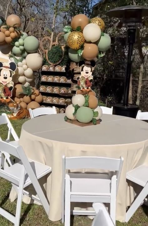 Safari Theme 1st Birthday Boys, Mickey Mouse Safari Theme Party, Mickey Mouse Jungle Theme, Mickey Mouse Safari Birthday Party Ideas, Mickey Mouse Safari Centerpieces, Mickey Safari Baby Shower Ideas, Mickey Safari Centerpieces, Safari Mickey Birthday Party, Mickey Mouse Safari Cake