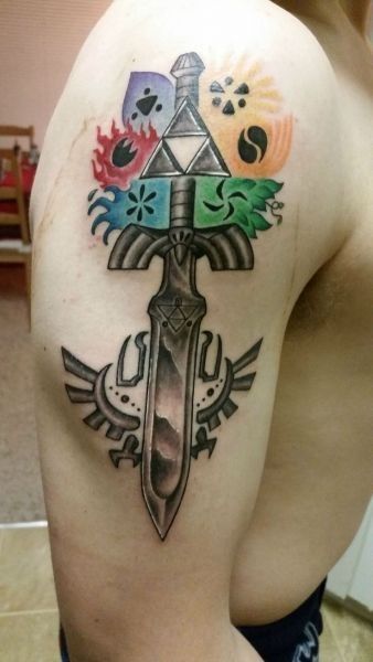 Zelda Sleeve, Triforce Tattoo, Nintendo Tattoo, 27 Tattoo, Video Game Tattoos, Tato Tradisional, Gamer Tattoos, Zelda Tattoo, Tattoo Filler