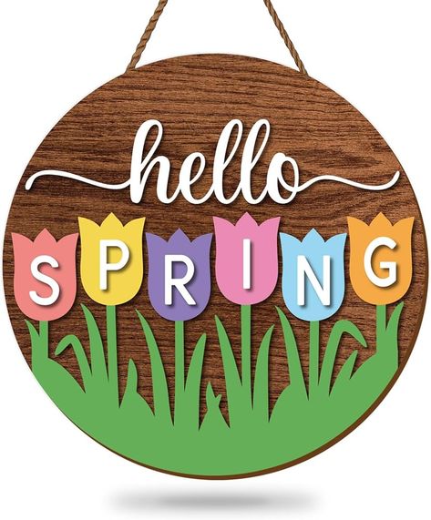 Amazon.com : Whaline Hello Spring Wooden Hanging Sign Rustic Tulip Flower Front Door Hanger Sign Farmhouse Floral Wood Welcome Sign for Indoor Outdoor Home Porch Window Decor : Home & Kitchen Cute Door Signs Spring, Easter Round Wood Signs, Spring Pizza Pan Door Hanger, Hello Spring Round Wood Sign, Welcome Sign Spring/summer, Porch Window, Wood Welcome Sign, Wooden Signs Diy, Wooden Door Signs