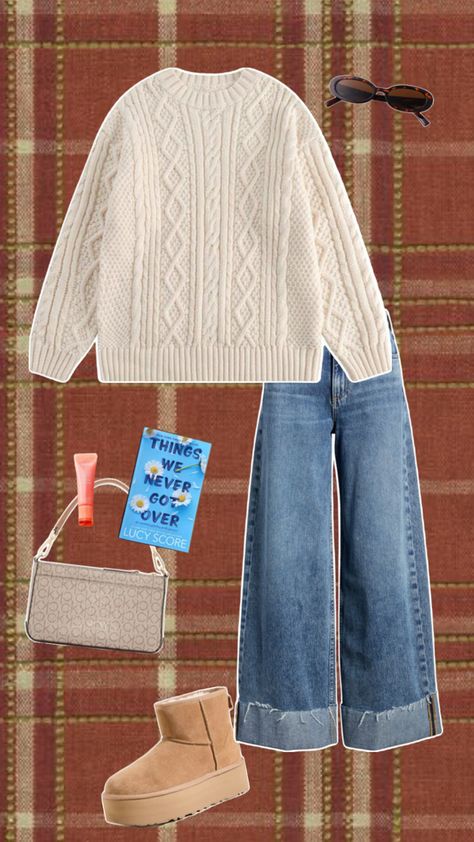 Chunky fisherman sweater, platform ugg boots, Calvin Klein shoulder bag, booktok book, laneige lip balm, wide leg jeans, tortoise sunglasses Fisherman Sweater Outfit, Platform Ugg Boots, Laneige Lip Balm, Calvin Klein Shoulder Bag, Platform Ugg, 2024 Fits, Cozy Minimalist, Laneige Lip, Fisherman Sweater