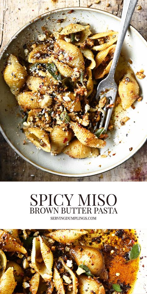 Fancy Vegan Pasta Dishes, Miso Brown Butter Pasta, Brown Butter Miso Pasta, Brown Rice Pasta Recipes, Quick Oven Dinners, Spicy Miso Pasta, Miso Tahini, Sage Pasta Recipes, Browned Butter Pasta