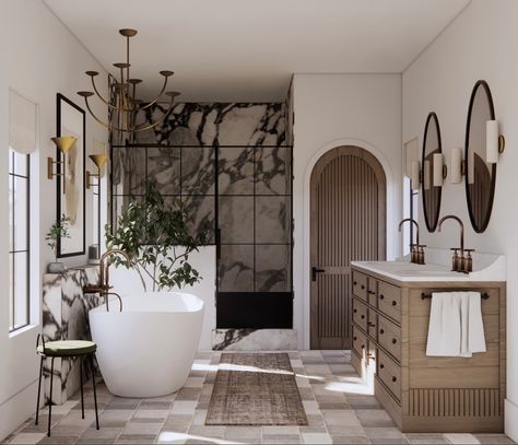 Feeling utterly captivated by the sheer beauty of this bathroom design! 💖 It’s a testament to the magic of blending contemporary flair with subtle, feminine touches. Just imagining the serene moments that will unfold in this space is pure bliss. Here’s to creating havens of style and tranquility! ✨ #designinspiration #SereneSpaces #FeminineChic #bathroomdesign #bathroominspo #interiordesign #interiordesigner #ElegantLiving #beautifulhome #edesign #masterbathroom #designinspo #brooklyninter... Loft Bathroom, Fall Living Room, Luxury Bathrooms, Great Bathrooms, Bathroom Design Decor, Exterior Ideas, Spanish Colonial, Dream House Interior, Quiet Luxury