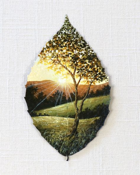 A closer look at the details in “Gilded Light” - Painted on a preserved beech leaf Prints of this piece are now available on the site! What a treat it was to get lost in the rich hues of golden hour while painting this one 🍂 #natureart #leafart #landscapepainting #preservedleaf #leafpainting #painting #landscapeartist #goldenhour Beech Leaf, Leaf Paintings, Leaf Art Diy, Dry Leaf Art, Leaf Printing, Beech Trees, Fall Palette, Leaf Painting, Leaf Crafts