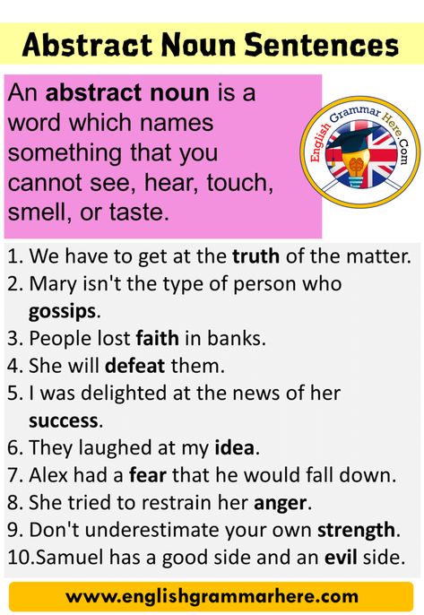 10 examples of abstract noun sentences in english; An abstract noun is a word which names something that you cannot see, hear, Noun Sentences, Noun Examples Sentences, What Is Noun, Noun Examples, 4 Kinds Of Sentences, If Sentences Grammar, Diwali Essay, Concrete And Abstract Nouns, Proper Noun And Common Noun