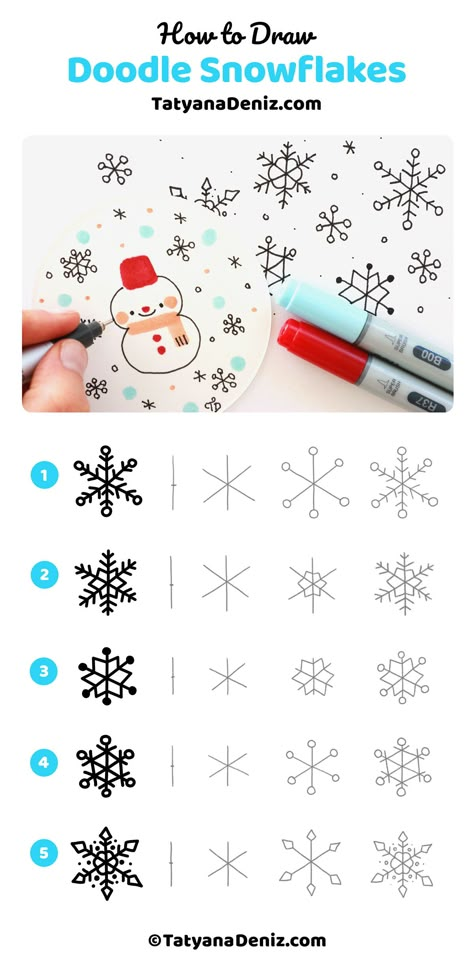 How to draw simple snowflakes with step-by-step tutorial by Tatyana Deniz How To Draw Easy Christmas Stuff, Easy Christmas Designs To Draw, Christmas Card Easy Drawing, How To Paint A Snowflake, How To Draw A Snowflake Easy, Christmas Drawing Tutorial, Easy To Draw Snowflakes, Snow Flakes Drawing Easy, Cute Snowflake Drawing