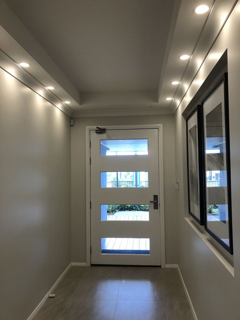 Bulkhead and lighting in entry Bulkhead Ideas, Bulkhead Lighting, Lighting Ideas, House Ideas, Hallway, Blinds, Doors, Curtains, Lighting