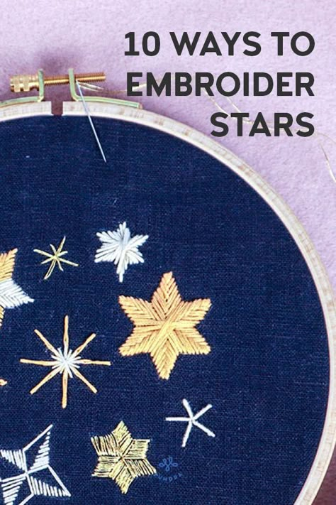 10 ways to embroider stars – with free pattern Sashiko Star Pattern, Embroidery Star Stitch, Embroidery Stars Simple, Moon And Stars Embroidery Pattern, How To Embroider Stars Easy, Hand Embroidered Stars, Embroidery Patterns Stars, Christmas Star Embroidery, Embroidered Moon And Stars