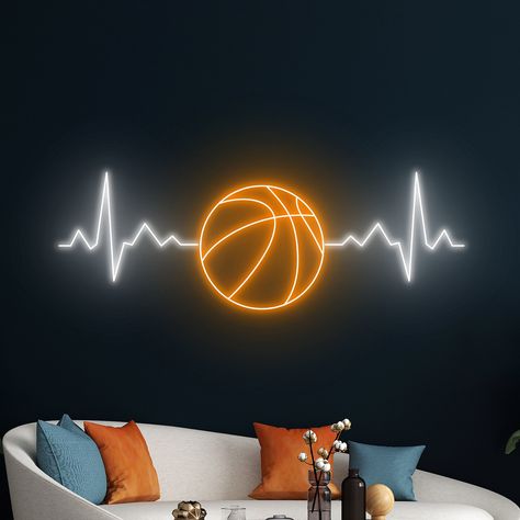 Basketball Heartbeat Neon Sign, Basketball Neon Light, Basketball Player LED Sign, Basket Ball LED Light, Sport Fan Club Room Wall Decor Let us light up your life with quality LED neon signs for home, business, weddings, events, & more. Take a business logo, song lyrics, a kid's name, or even the shape of your dog, & neon-ify it! We are helping make art accessible with easy-to-design, stylish neon lights. Get creative and design your own neon sign. Your name, motto you live by, your business mission, or the motivational quote that you have always loved - choose anything and create customised neon signage. With the option of various fonts and colours, design a sign that reflects your personality.  MATERIALS+GUARANTEE Made from long lasting, durable and environmentally friendly LED neon stri Basketball Led Light, Basketball Inspired Room, Basketball Headboard, Basketball Room Ideas, Sporty Room, Older Boys Bedrooms, Neon Basketball, Basketball Heartbeat, Basketball Themed Bedroom