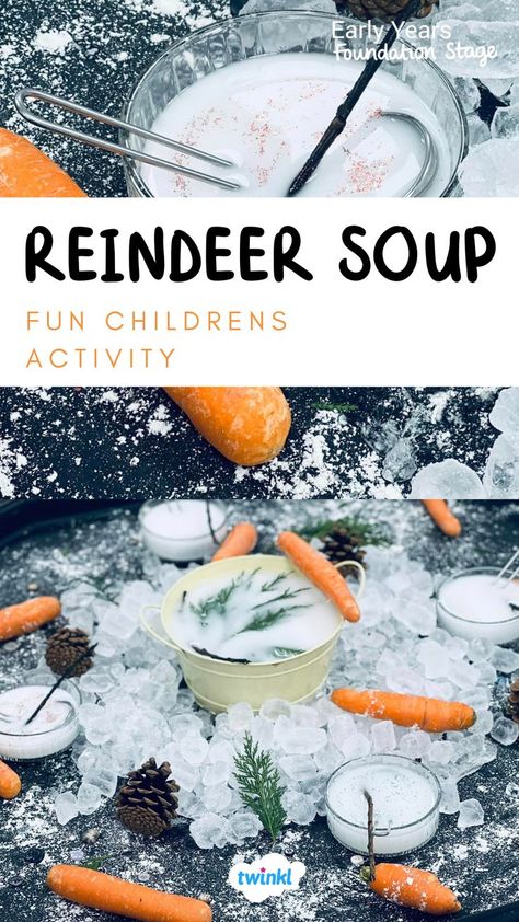 A great Christmas activity for toddlers or preschool! For more Christmas play ideas click on the pin. Special thanks to @echoeddaynursery Reindeer Soup Tuff Tray, Christmas Maths Activity Eyfs, Sensory Activities 2 Year, Kindy Christmas Activities, Christmas Malleable Eyfs, Christmas Table Top Activities Preschool, Christmas Provocations Kindergarten, Christmas Center Activities Preschool, Nursery Christmas Activities