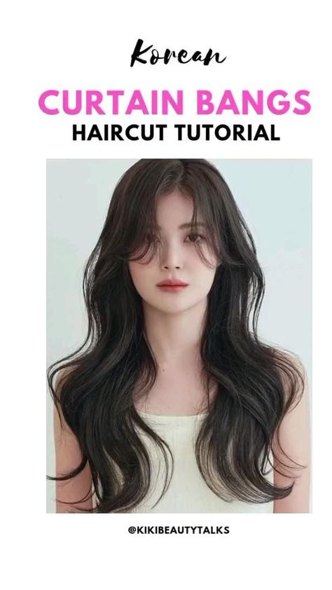 Korean Curtain Bangs Haircut Korean Curtain Bangs, Curtain Bangs Haircut, Korean Wavy Hair, Bangs Haircut, Mermaid Summer, Bangs Hairstyle, Bangs Tutorial, Wolf Haircut, Face Framing Bangs