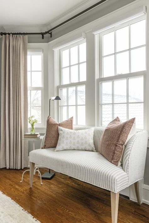 Wooddale Ave. Project Reveal | Bria Hammel Interiors Striped Settee, Bay Window Benches, Living Room Bay Window, House Design Board, Bria Hammel Interiors, Bria Hammel, Bay Window Ideas, Interior Design Tips And Tricks, Settee Bench