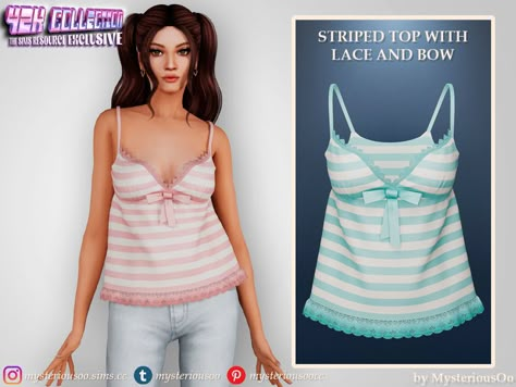 The Sims Resource - Y2K - Striped top with lace and bow Sims 4 2000s Cc, Sims Four Cc, Sims 4 Female Clothes, Sims Family, Sims Aesthetic, Sims4 Custom Content, Sims 4 Content, Sims 3 Mods, New Pc