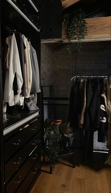 Dark Moody Walk In Closet, Full Closet Aesthetic, Random Ig Story, Dark Closet, Dining Room Decor Traditional, Black Brick Wall, Black Hangers, Luxury Closets Design, Men Closet