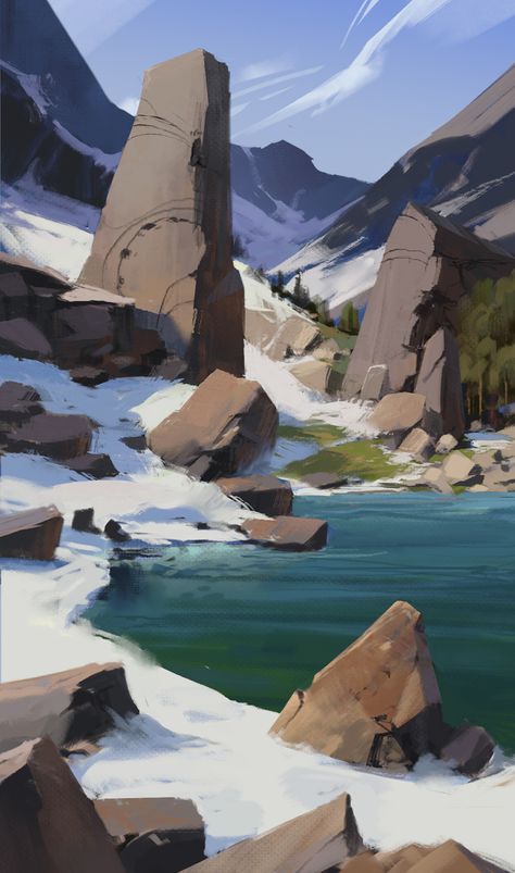 Environment Painting, Mountain Illustration, Landscape Concept, Illustration Art Girl, Abstract Illustration, Fantasy Places, Landscape Artwork, Digital Painting Tutorials, Wow Art