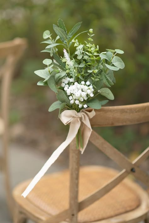 Wedding Aisle Chair Decorations, Spring Outside, Pew Flowers, Pew Decorations, Share Happiness, Ceremony Chairs, Wedding Flower Packages, Wedding Chair Decorations, Sage Wedding