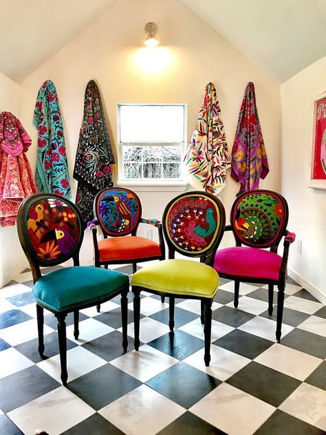 Eclectic Boho Dining Chairs Funky Dining Room, Boho Dining Chairs, Eclectic Chairs, Boho Chair, Painted Chairs, Colorful Chairs, Funky Furniture, Boho Home, Bohemian Decor