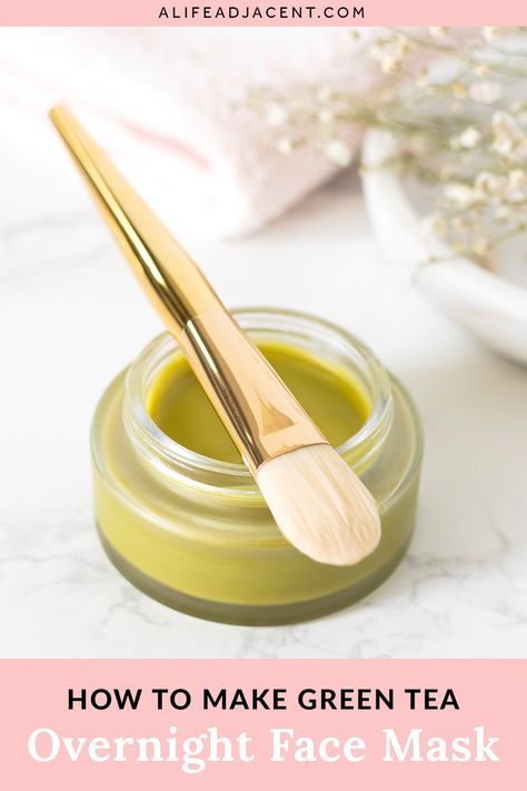 Wake up to glowing skin with this DIY green tea overnight face mask! Inspired by Korean skin care, this homemade recipe helps brighten your skin while you get your beauty sleep. It's packed with antioxidants from green tea wax to make your skin glow. Plus, it also helps moisturize, reduce redness and soothe irritation. With only 4 natural ingredients, this simple overnight mask is incredibly easy to make! #alifeadjacent How To Make Green Tea Face Mask, Matcha Mask Diy, Matcha Face Mask Diy, Moringa Face Mask Diy, Diy Green Face Mask, Diy Overnight Face Mask, Diy Green Tea, Face Mask For Glowing Skin, Homesteading Projects