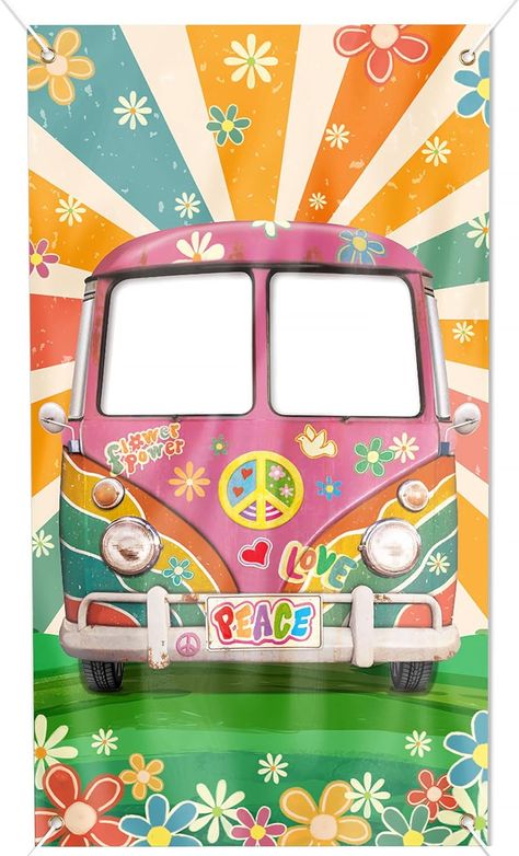 70s Backdrop Photo Booths, Hippie Party Decorations, 70s Van, Retro Birthday Party, Retro Birthday Parties, Photo Booth Props Birthday, 60s Theme, Bus Photo, Groovy Party