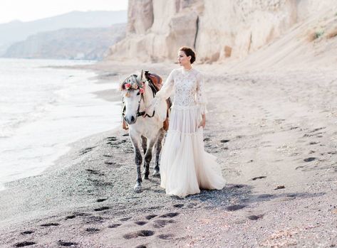 Romantic Santorini beach Wedding Inspiration with a dramatic beach backdrop | Santorini wedding inspiration via Magnolia Rouge Santorini Beach, Santorini Beaches, Beach Backdrop, Romantic Beach Wedding, Embellished Wedding Dress, Wedding Dress Types, Beachy Wedding, Beach Wedding Gown, Beach Wedding Dresses