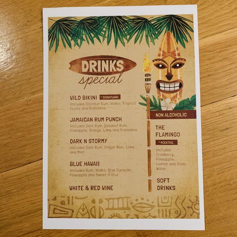 Hawaiian Menu Design, Tiki Menu Design, Tiki Bar Menu Design, Hawaiian Menu Ideas, Tropical Bar, Drink Menu Design, Hawaiian Restaurant, Survivor Party, 23 Summer