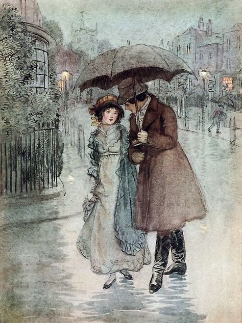 Regency couple in the rain Under An Umbrella, Umbrella Art, Quality Street, Walking In The Rain, Romantic Art, Art And Illustration, Jane Austen, In The Rain, Book Illustration