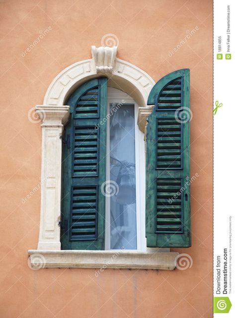 Photo about Antique window with green shutters from Verona (Italy). Image of facade, antique, ornate - 18814855 Modern Centre Table Designs, Mediterranean Windows, Italian Windows, Sunlight Aesthetic, Old Style House, Window Shutters Exterior, Green Shutters, Antique Window, Outside Mirror