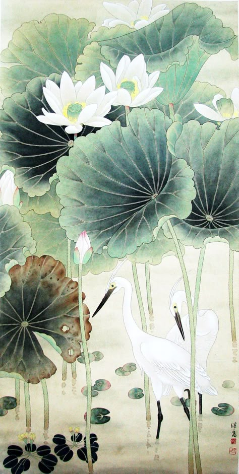 Lotus Painting, Chinese Art Painting, Afrikaanse Kunst, Lotus Art, Asian Painting, Japon Illustration, My Bathroom, Art Japonais, Korean Art