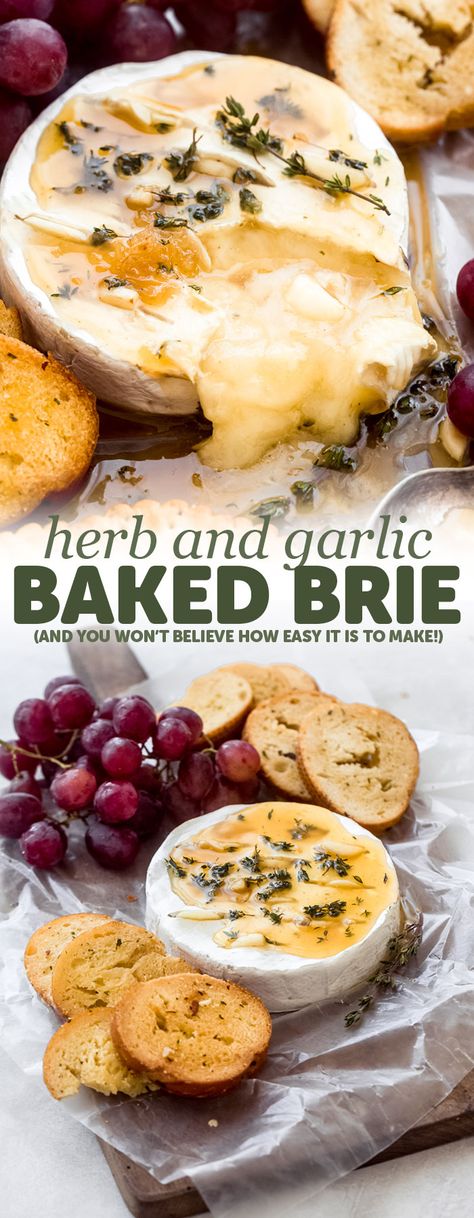 Herb Garlic Baked Brie - A new twist on the classic Baked Brie! We bake the brie topped with a thyme honey butter and guaranteed, this will disappear in no time! #bakedbrie #appetizers #holidayappetizers #easyappetizers #honeybakedbrie #briecheese | Littlespicejar.com Garlic Baked Brie, Garlic Brie Baked, Baked Brie And Honey, Baked Brie Recipes Honey, Garlic Butter Baked Brie, Baked Brie Recipe, Honey Brie Bake, Baked Brie Toppings, Garlic And Herb Baked Brie