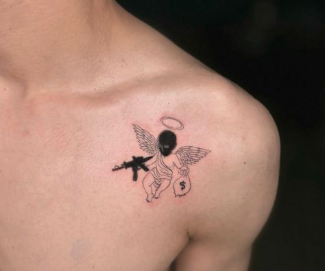 Men Tiny Tattoo Ideas, Small Gangsta Tattoos Men Design, 111 Chest Tattoo, 777 Tattoo On Chest, Simple Man Tattoo, Angel Stomach Tattoos For Guys, Simple Men Tattoos, Gangster Angel Tattoo, Abdomen Tattoo