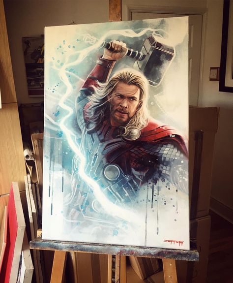 New Thor painting Finished! 😀 Original oil and acrylic on 20"x30" canvas #avengers #marvel #thor #thorart #artist #sketch #studio #canvas… Thor Painting, Avengers Poster Art, Superhero Drawings, Avengers Painting, Marvel Canvas, Drawing Marvel, Thor Art, Marvel Paintings, New Thor