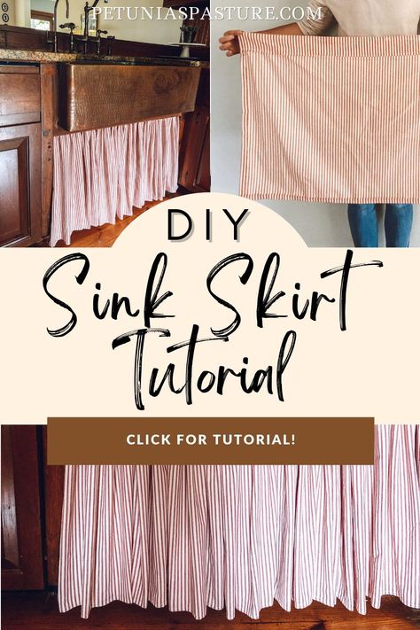 Laundry Room Curtains Window, Sink Skirts Kitchen, Sink Skirt Laundry Room, Skirted Kitchen Sink, Farmhouse Sink With Curtain Underneath, Under Counter Curtain Diy, Kitchen Sink Skirt Ideas, Bathroom Sink Skirt Ideas, Bathroom Sink Curtain Skirt