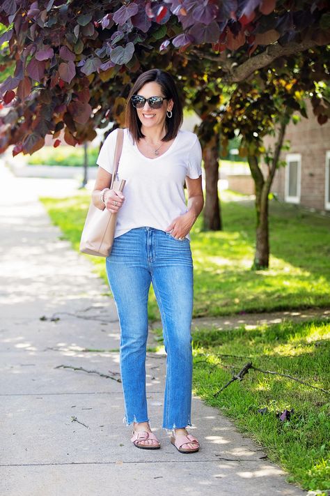 Jo-Lynne Shane styling straight ankle jeans with a white t-shirt...click through for more everyday fashion for women over 40! Jo Lynne Shane, White Tees Outfit, Jolynne Shane, Outfit For Summer, Straight Ankle Jeans, Summer Clearance Sale, Summer Clearance, Fashion For Women Over 40, Popular Dresses