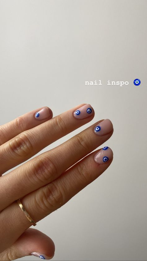 Gel Nails Ideas Short Evil Eye, Short Nails Ideas Evil Eye, Short Gel Nails Evil Eye, Designs For Really Short Nails, Shilak Ideas, Short Evil Eye Nails, Blue Nails Evil Eye, Evil Eye Nails Short, Natural Nails Blue