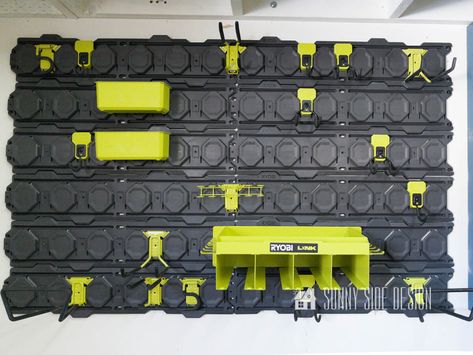 Ryobi Wall Storage, Ryobi Garage Organization, Ryobi Link Storage Ideas, Ryobi Link Ideas, Ryobi Tool Storage Diy, Ryobi Tool Storage, Garage Wall Storage Ideas, Ryobi Link, Wall Storage Ideas