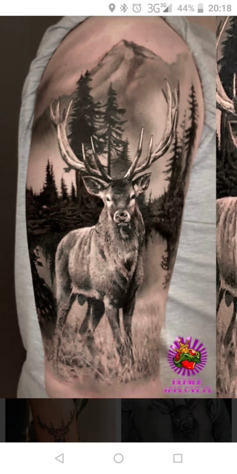 Stag Back Tattoo, Deer Landscape Tattoo, Stag Forest Tattoo, Deer Leg Tattoo, Stags Head Tattoo, Stag Tattoo Design Men, Deer Tattoo Sleeve, Deer Mountain Tattoo, Scottish Stag Tattoo