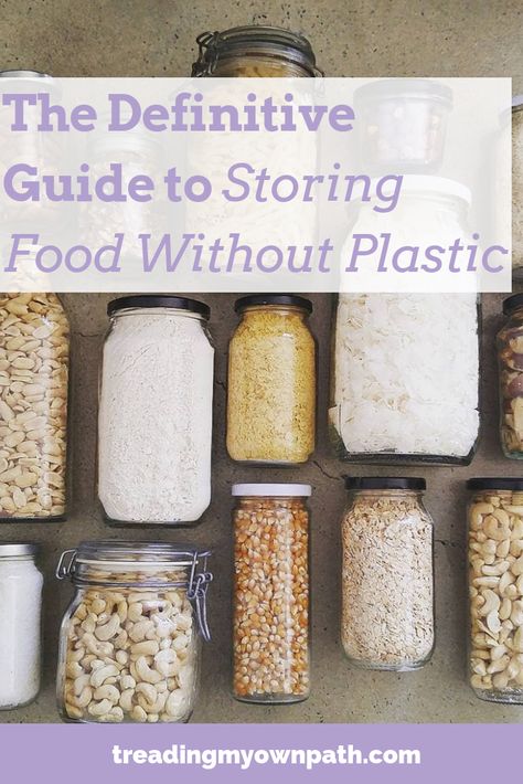 The Definitive Guide To Storing Food Without Plastic | Treading My Own Path | Zero Waste + Plastic-Free Living. Plastic-free solutions, zero waste reusables, food storage, reducing plastic in the kitchen, going zero waste in the kitchen, zero waste home, less plastic, plastic storage alternatives, how to store bulk ingredients, green living, eco-friendly swaps. More at https://treadingmyownpath.com Bulk Food Storage, Plastic Free Kitchen, Waste Free Living, Environmentally Friendly Living, Plastic Free Living, Zero Waste Kitchen, Sustainable Kitchen, Store Food, Eco Friendly Kitchen